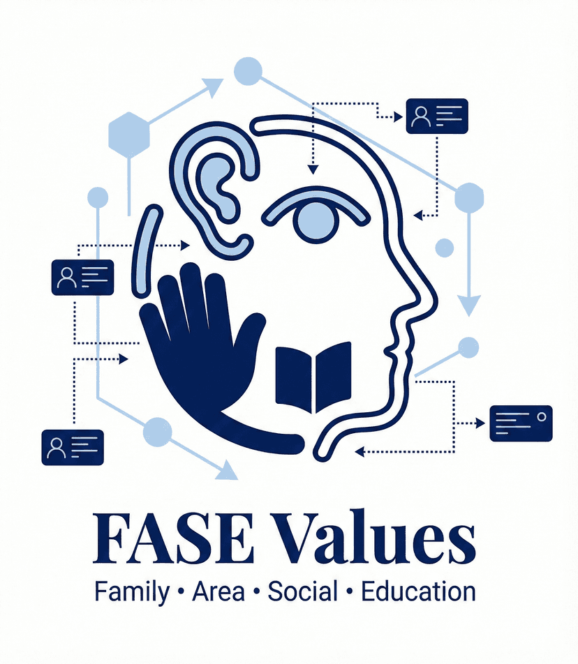 FASE Values framework — a head profile diagram representing Family, Area, Social, and Education focus areas